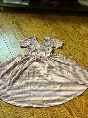 Girls' Short-Sleeve Striped Casual Dress in Pink & Yellow